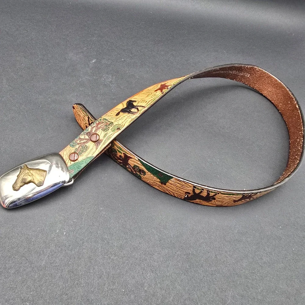 Nocona Belt Co Kids Western Tooled Leather Horse Scene Belt Buckle N4414002-28